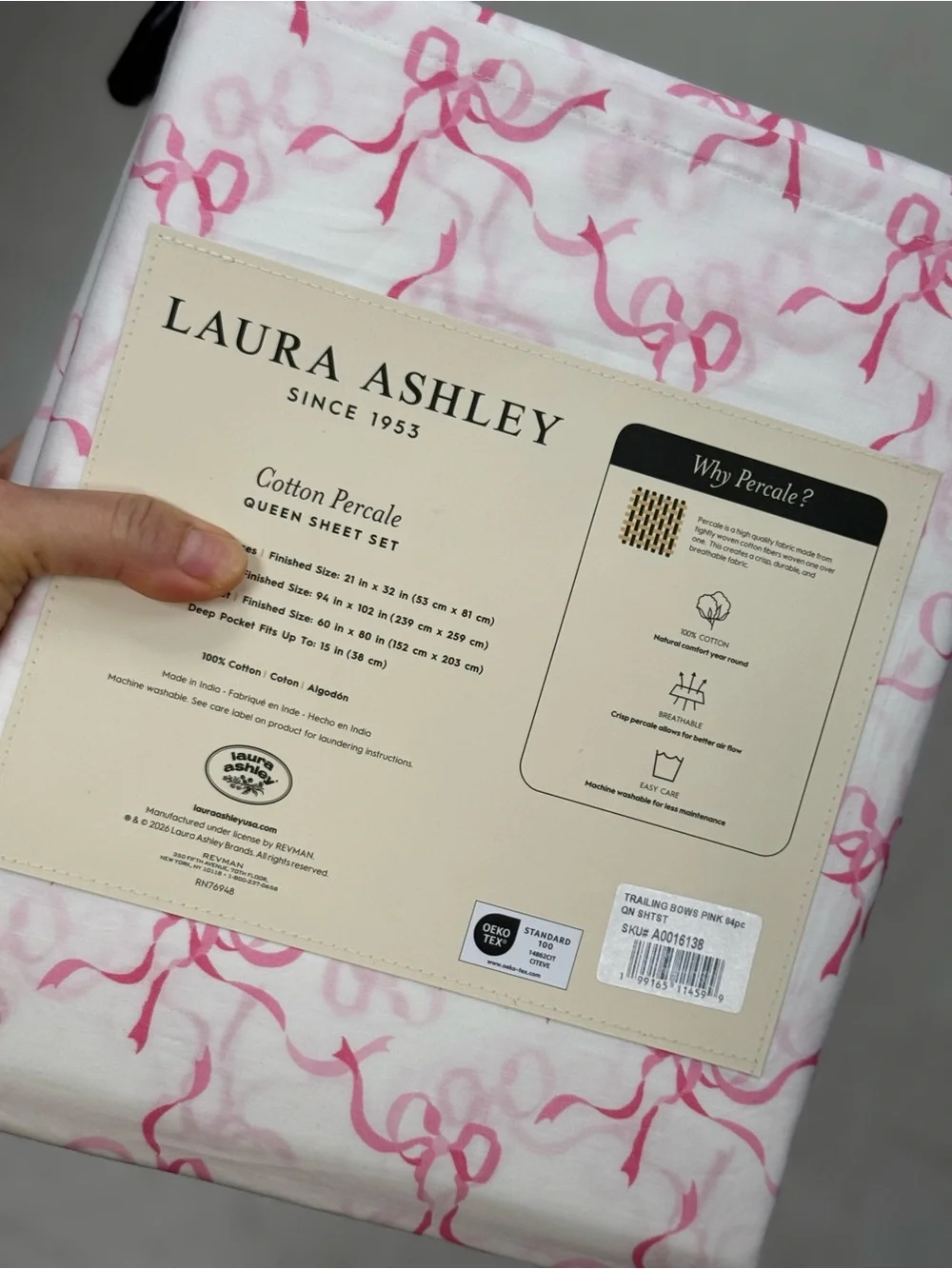 Laura Ashley Pink Ribbon Cotton Percale Queen Sheet Set